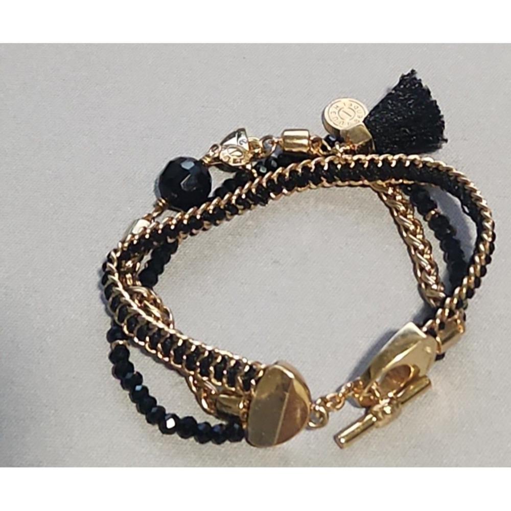 Henri Bendel Multi Strand Black Bead Gold Tone Chain Tassel Charm Bracelet - Picture 3 of 11